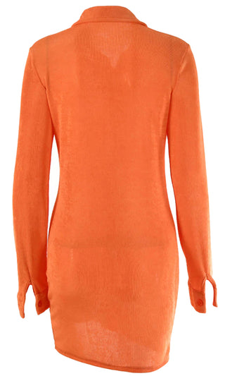 All The Vibes Orange Long Sleeve Ruched Button Up Lapel Collared Blouse Casual Mini Dress