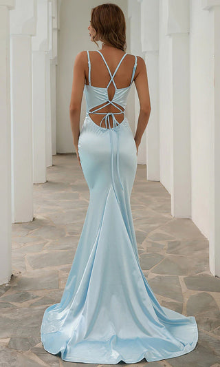 Glamour Always<br><span> Light Blue Satin Sleeveless Spaghetti Strap Plunge V Cut Out Back Lace Up Flare Mermaid Maxi Dress</span>