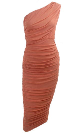 Sultry Moment Orange Mesh Sleeveless One Shoulder Ruched Bodycon Midi Dress