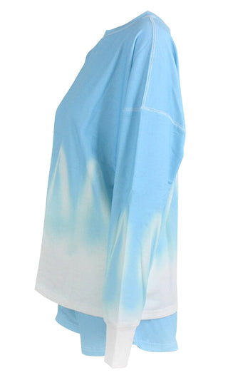 Walking On Sunshine Blue White Tie Dye Pattern Long Sleeve Round Neck Top Elastic Waist Short Two Piece Romper