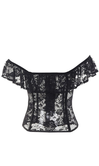 Dream Gal Black Sheer Mesh Lace Floral Pattern Ruffle Short Sleeve Off The Shoulder Corset Top