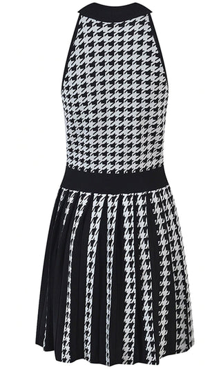 In Your Thoughts <br><span>Black and White Houndstooth Plaid Pattern Sleeveless Halter Pleat Gold Button A Line Flare Mini Dress</span>