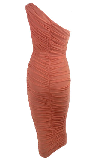 Sultry Moment Orange Mesh Sleeveless One Shoulder Ruched Bodycon Midi Dress
