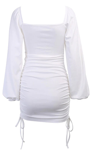 Pennies From Heaven White Long Lantern Sleeve V Neck Ruched Drawstring Casual Bodycon Sweater Mini Dress