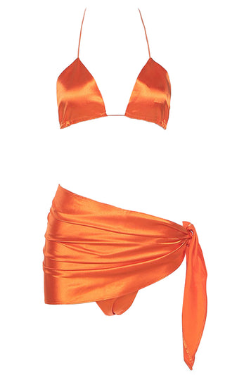 Good Energy <br><span> Orange Three Piece String Bikini Satin Set Sarong Triangle Top </span>