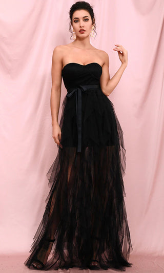 Queen Of Style <br><span>Black Strapless Sweetheart Neck Sheer Mesh Ruffle Tier Maxi Dress</span>
