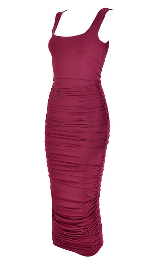 Crush On You Pink Sleeveless Square Neck Scoop Back Ruched Bodycon Midi Dress