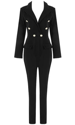 Causing A Commotion Black Long Sleeve Button V Neck Skinny Blazer Jumpsuit