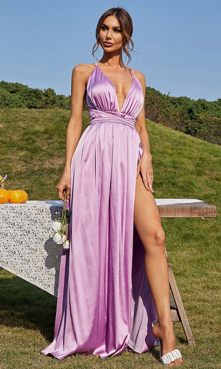 Purple Passion <br><span>Lilac Sleeveless Spaghetti Strap Crisscross Backless Plunge V Neck Wrap Waist High Slit Maxi Dress</span>
