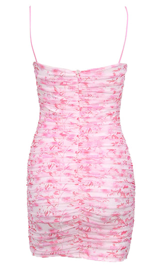 Everlasting Love Pink Floral Pattern Sleeveless Spaghetti Strap Square Neck Ruched Casual Bodycon Mini Dress