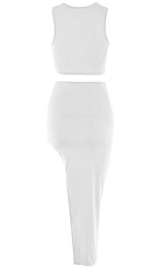 Cutting Close Beige Nude Sleeveless Round Neckline Crop Top High Waist Side Slit Bodycon Two Piece Maxi Dress