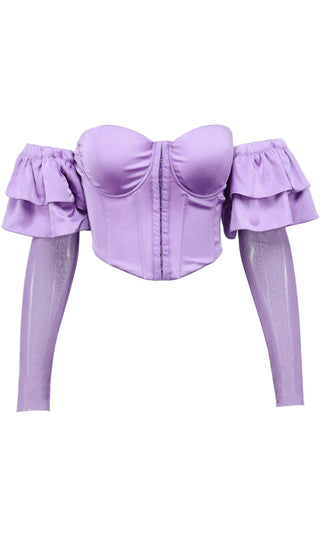 Doing My Best Purple Sheer Mesh Satin Long Sleeve Ruffle Off The Shoulder V Neck Hook and Eye Bustier Crop Top Blouse
