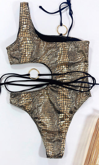 Beach Goals <br><span> Metallic Snakeskin Print Animal Pattern Sleeveless One Shoulder Cut Out Side Strappy One Piece Swimsuit </span>