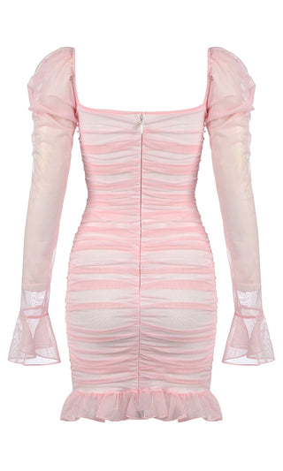 Total Romantic Pink Sheer Mesh Ruched Long Sleeve Puff Shoulder Scoop Neck Ruffle Bodycon Mini Dress