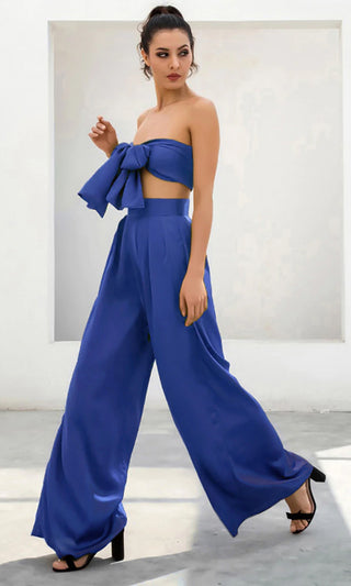 Indie XO In The Lead Blue Silky Strapless Tie Front High Waist Palazzo Jumpsuit Pants