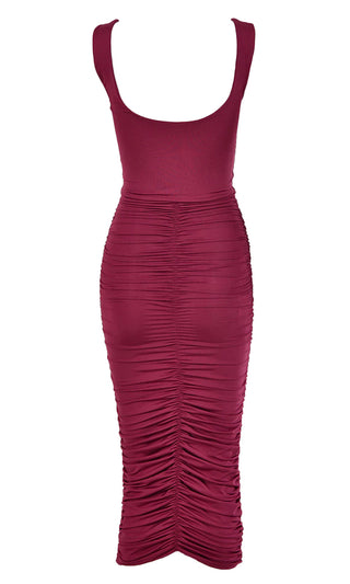 Crush On You Pink Sleeveless Square Neck Scoop Back Ruched Bodycon Midi Dress