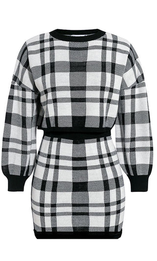 Stepping Up My Style <br><span>Black White Plaid Pattern Long Sleeve Crew Neck Crop Top Mini Skirt Two Piece Dress</span>