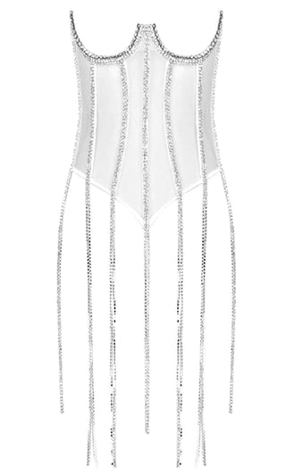Dazzling Delight Sheer Mesh Strapless Cut Out Bust Rhinestone Crystal Fringe Tassel Lace Up Back Corset
