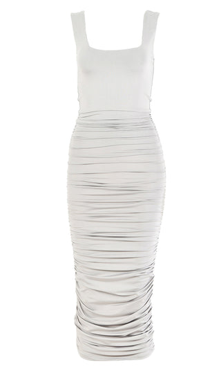 Crush On You White Sleeveless Square Neck Scoop Back Ruched Bodycon Midi Dress