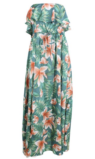 Tropic Sunset Green Orange Floral Pattern Strapless Ruffle Drawstring Waist Side Slit Casual Maxi Dress