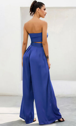 Indie XO In The Lead Blue Silky Strapless Tie Front High Waist Palazzo Jumpsuit Pants