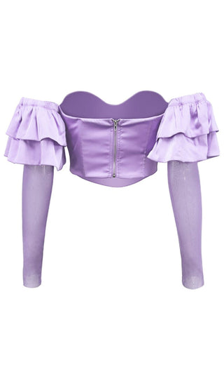oh polly true bliss bardot puff sleeve corset crop top in purple