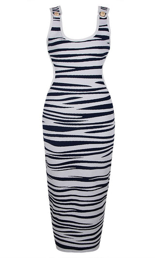 Super Flirt <br><span>Dark Blue Zebra Stripe Pattern Sleeveless Scoop Neck Cut Out Sides Bodycon Bandage Midi Dress</span>