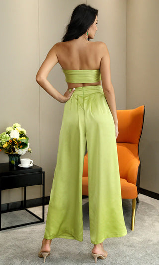 Getting Away With It Light Green Strapless Bow Bandeau Crop Top High Waist Wide Leg Pant Two Piece Jumpsuit