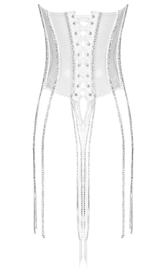 Dazzling Delight Sheer Mesh Strapless Cut Out Bust Rhinestone Crystal Fringe Tassel Lace Up Back Corset