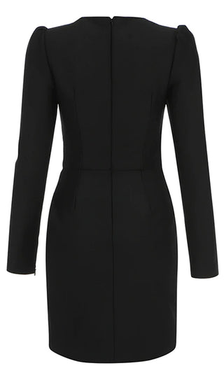Onto The Next Black Long Sleeve Puff Shoulder Round Neck Sheer Mesh Waist Wrap Bodycon Mini Dress
