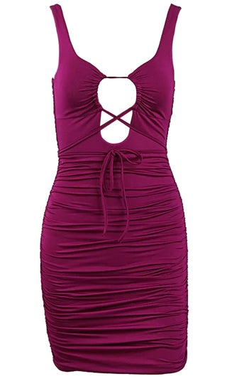 Midnight Intrigue Purple Sleeveless Plunge V Neck Lace Up Ruched Bodycon Mini Dress