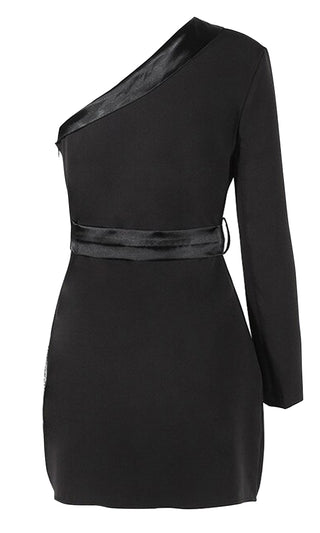 Forbidden Love Black Silver Sequin Asymmetric One Shoulder One Long Sleeve Blazer Bodycon Mini Dress