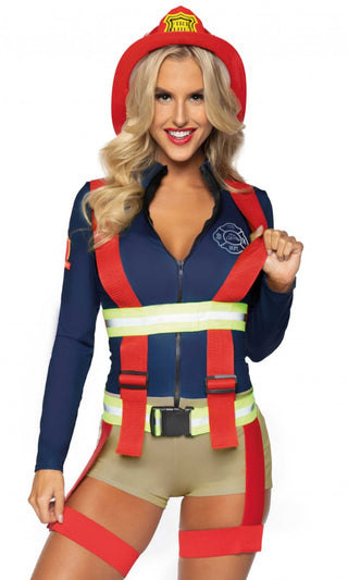 Hold Your Hose <br><span>Navy Red Colorblock Long Sleeve Zipper Bodycon Romper Suspenders 2 Piece Halloween Costume</span>