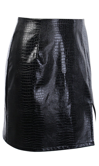 Hands On Crocodile Embossed PU Faux Leather Slit Hem Bodycon Mini Skirt - 2 Colors Available