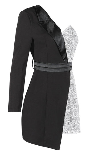Forbidden Love Black Silver Sequin Asymmetric One Shoulder One Long Sleeve Blazer Bodycon Mini Dress