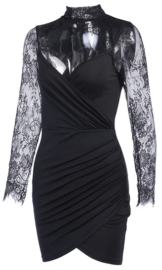 At Your Request Black Sheer Lace Long Sleeve Mock Neck Cut Out V Neck Drape Tulip Bodycon Mini Dress