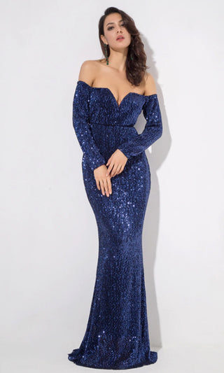 Time To Sparkle Blue Sequin Long Sleeve Off The Shoulder V Neck Mermaid Maxi Dress