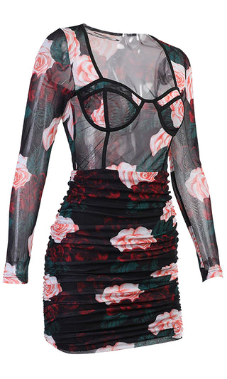 Blossom For You Black Pink Floral Pattern Sheer Mesh Long Sleeve Bustier V Neck Ruched Bodycon Mini Dress