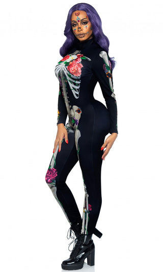 Sinfully Yours <br><span>Black White Skeleton Print Floral Pattern Long Sleeve Round Neck Skinny Bodycon Jumpsuit Halloween Costume</span>