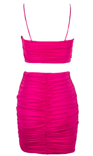 Thrills 'n Chills Hot Pink Sleeveless Spaghetti Strap Sweetheart Neck Ruched Crop Top Bodycon Two Piece Mini Dress - 2 Colors Available