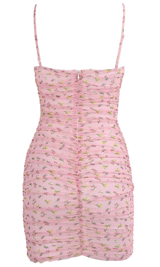Floral Rush Pink Mesh Floral Pattern Sleeveless Spaghetti Strap Square Neck Ruched Casual Bodycon Mini Dress