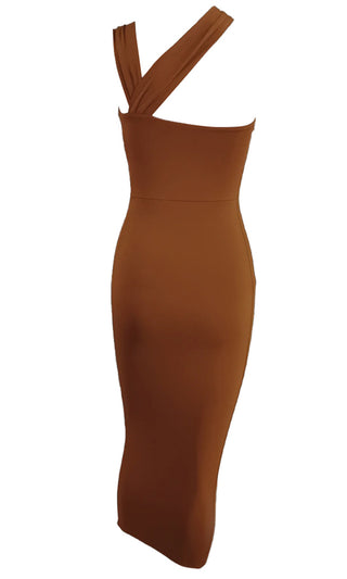 Love Me Right Brown Side Cut Out One Shoulder Bandage Sleeveless Bodycon Wrapped Shoulder Pencil Midi Dress