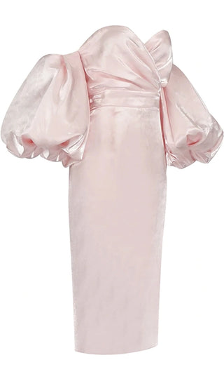 Hello My Love Pink Shiny Short Puff Sleeve Off The Shoulder Taffeta Strapless Sweetheart Neck Bodycon Midi Dress