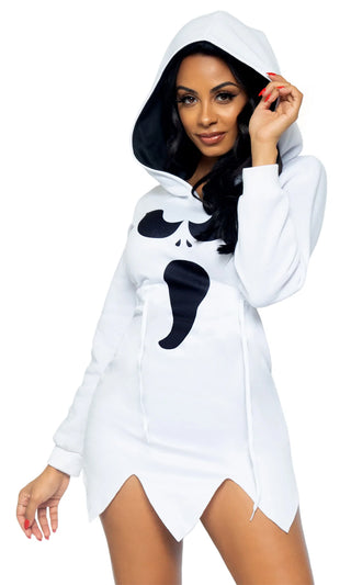 Ghoulish Girl <br><span>White Fleece Ghost Long Sleeve Hood Drawstring Waist Jagged Hem Casual Halloween Mini Dress</span>