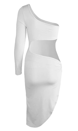 New Motives White Long Sleeve One Shoulder Asymmetric Cut Out O Ring Side High Slit Bodycon Mini Dress