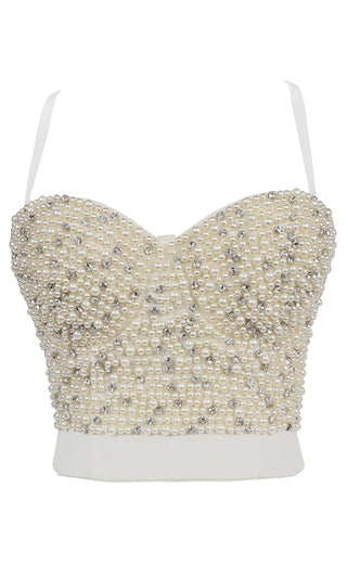 Excited For It <br><span>White Rhinestone Faux Pearl Adjustable Removable Strap Bustier Corset Sweetheart Neck Crop Top</span>