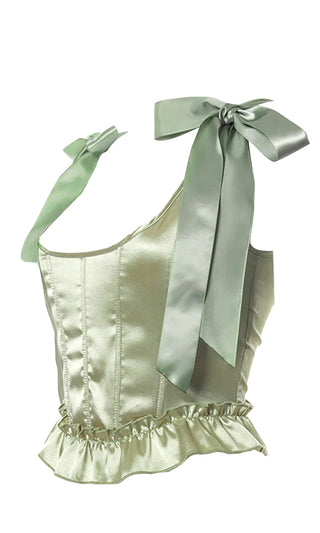 Climb The Balcony Satin Ribbon Tie Shoulder Scoop Neck Sleeveless Lace Up Back Light Green Bustier Ruffle Crop Top