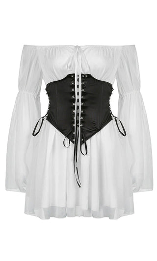 Fairytale Flirt White Black Long Bell Sleeve Puff Shoulder Chiffon Flare A Line Mini With Lace Up Corset Two Piece Dress