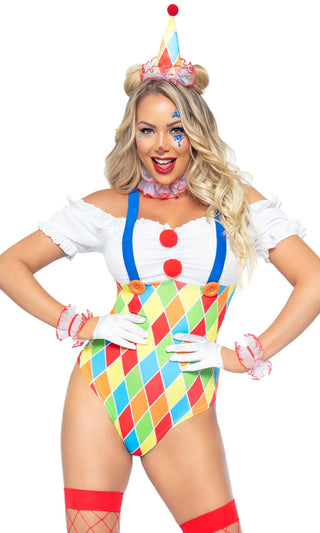 Being A Clown <br><span>Multicolor Diamond Geometric Pattern Ruffle Off The Shoulder Suspender Bodysuit Hat and Ruffles Four Piece Halloween Costume</span>