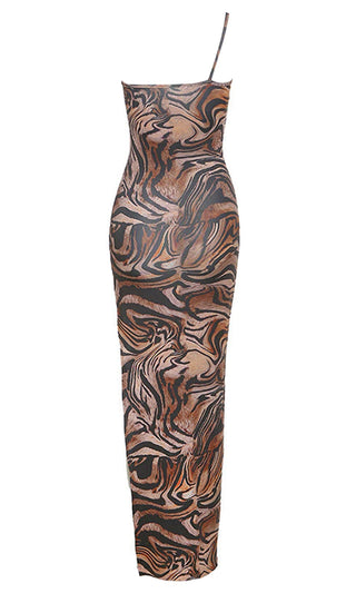 Long Lost Love Tiger Print Animal Pattern Sleeveless Spaghetti Strap One Shoulder Side Slit Bodycon Maxi Dress